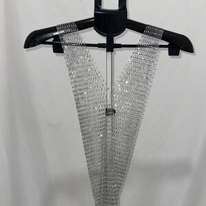 Crystal Mesh V-Neck Statement Top - Silver